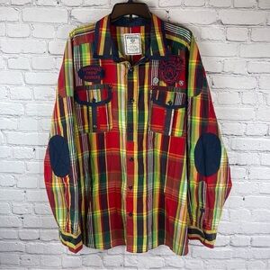 Parish Nation Shirt Mens 4XL Red Plaid Long Sleeve Button‎ Patches Pins